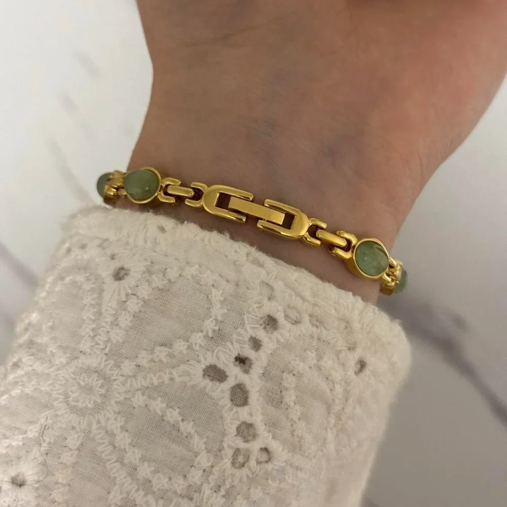 Sku0446 Retro Gold Green Gemstones Women Casual Oval Bracelet Watch + gift bag‎